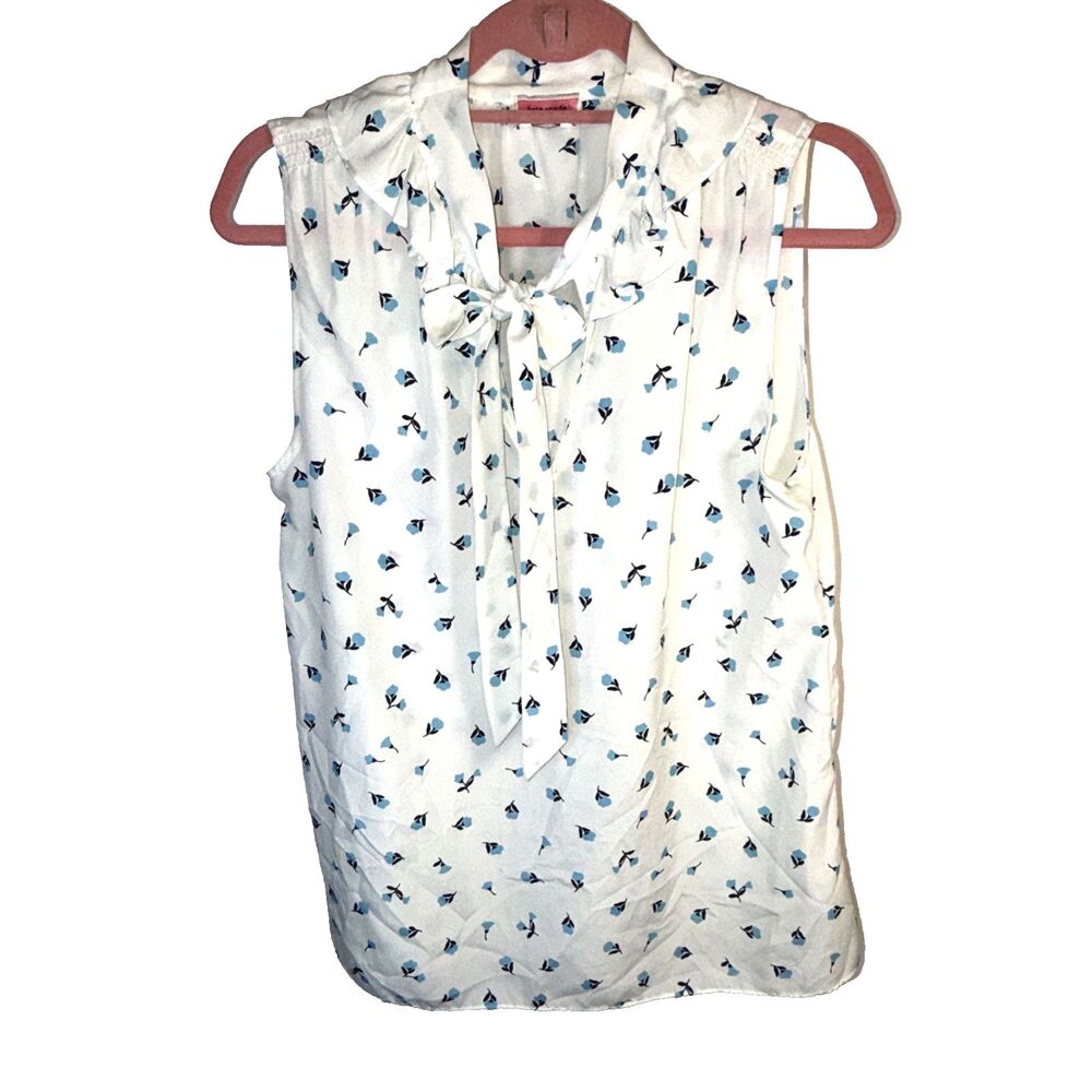 Kate Spade Dainty Bloom Floral Blue Sleeveless Tie V-Neck Blouse Top XL $199